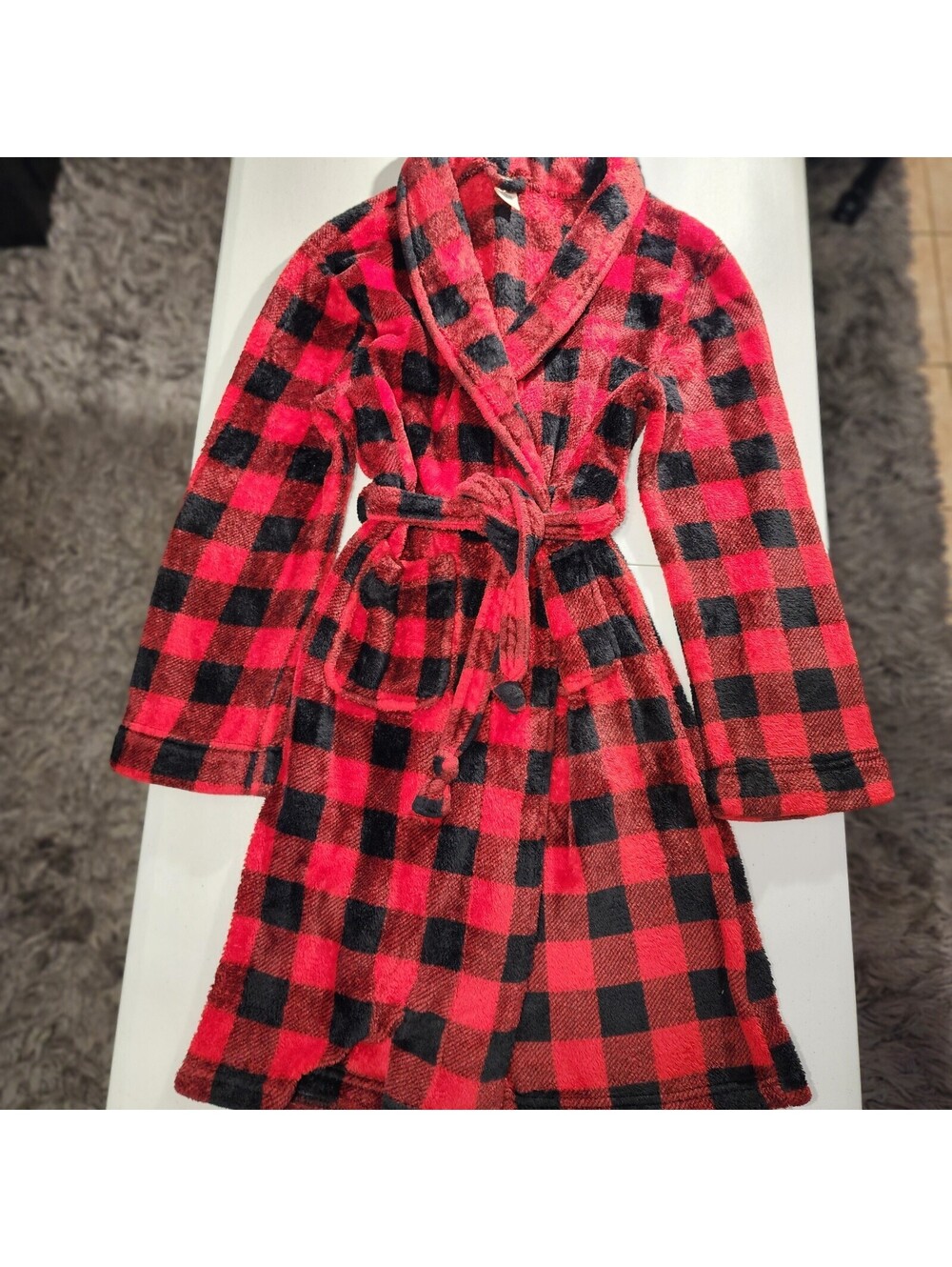 Faded Glory Women's Plaid Red Black Fleece Robe Long Sleeve XL